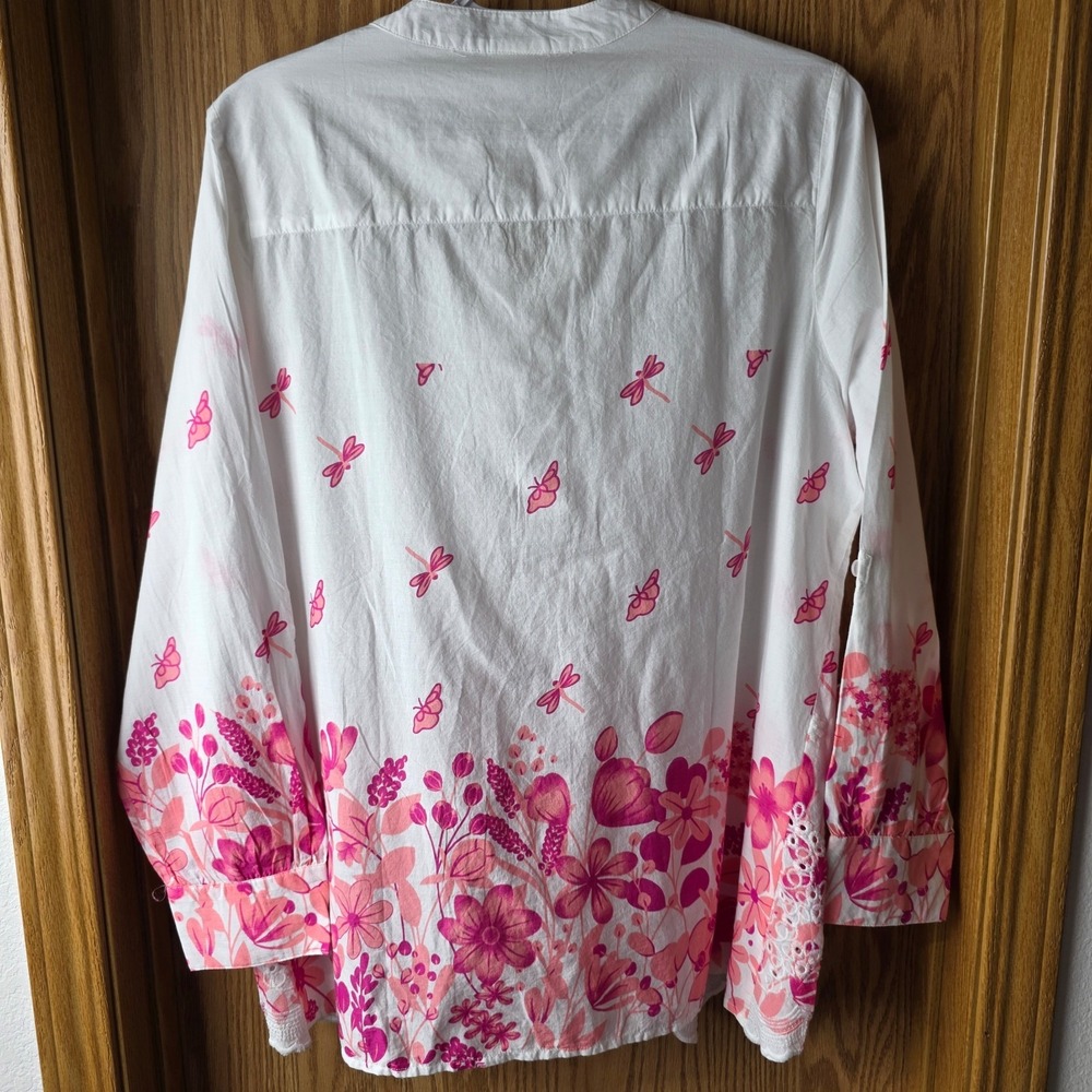American Sweetheart Womens M White Pink Floral Cotton Eyelet Boho Blouse - Picture 5 of 6